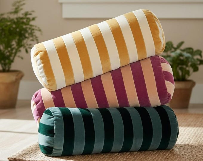 Handmade Striped Velvet Bolster Pillow – Two-Tone Cylinder Cushion