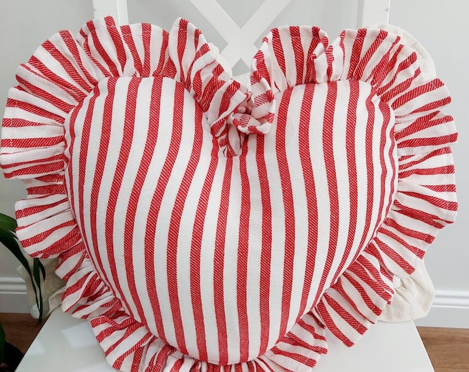 Bohemian Frill Linen Striped Pillow Cover - Striped Heart Pillow - Heart Pillow - Color Options With Frill Edges - Hello Mello Store