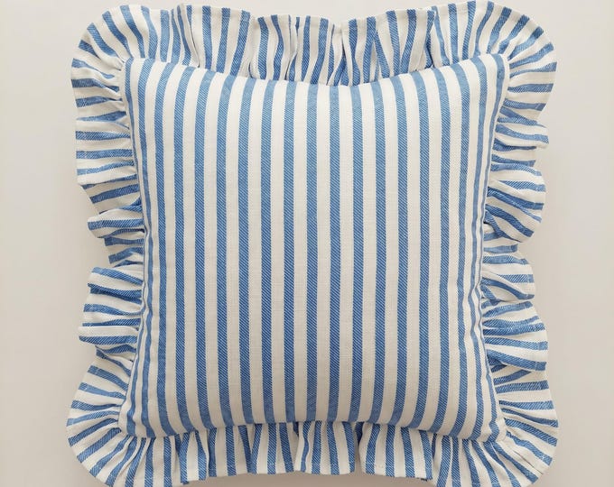 Bohemian Striped Linen Pillow with Ruffles - Striped Farmhouse Cushion - Cottagecore Decor