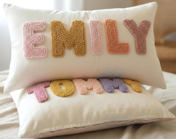 Personalised Punch Needle Decorative Cushion - Kids Room Decor Name Pillow - Unique Baby Room Nursery Initial Decoration Gift