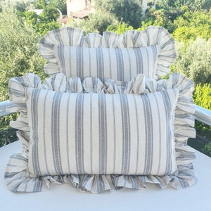 Bohemian Linen Striped Pillow Cover with Frill Edge