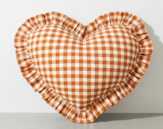 Ruffled Linen Gingham Heart Pillow Cover - Heart Cushion - Bohemian Home Decor