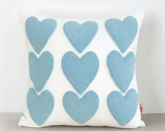 Hand Embroidered Heart Pillow Cover – Handmade Punch Needle Cushion – Valentine Decor - Gift For Her