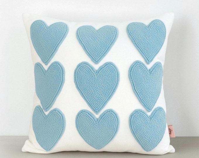 Hand Embroidered Heart Pillow Cover – Handmade Punch Needle Cushion – Valentine Decor - Gift For Her
