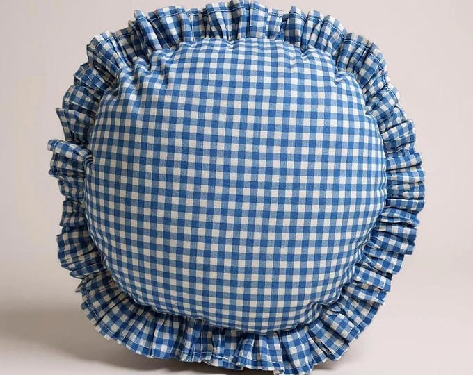Frill Linen Gingham Pillow Cover - Circle Pillow - Different Color Options With Frill Edges - Hello Mello Store