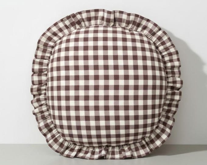 Gingham Round Ruffle Pillow - Plaid Chair Pad - Cottage Style Seat Cushion