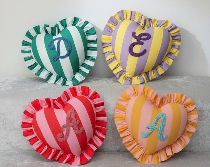 Custom Ruffle Heart Cushion – Personalized Heart Pillow with Initial