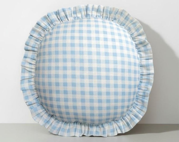 Gingham Round Ruffle Pillow - Plaid Chair Pad - Cottage Style Seat Cushion