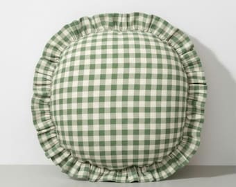 Gingham Round Ruffle Pillow - Plaid Chair Pad - Cottage Style Seat Cushion
