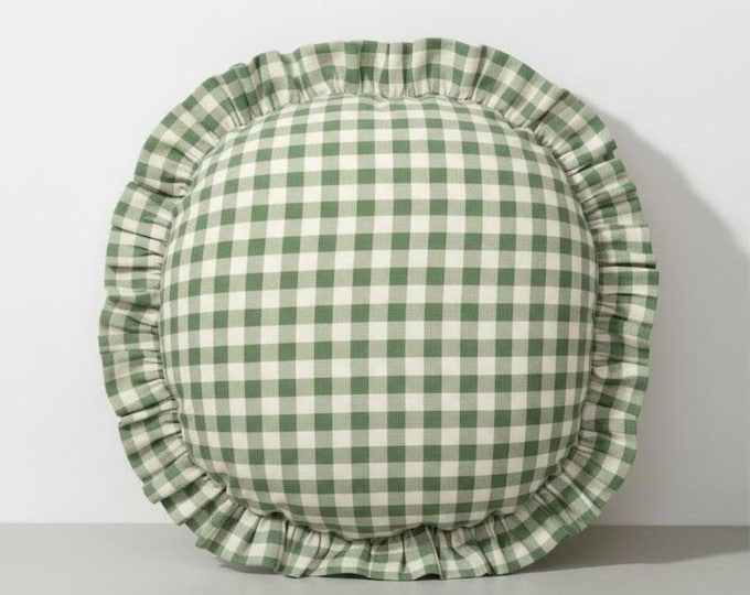 Gingham Round Ruffle Pillow - Plaid Chair Pad - Cottage Style Seat Cushion