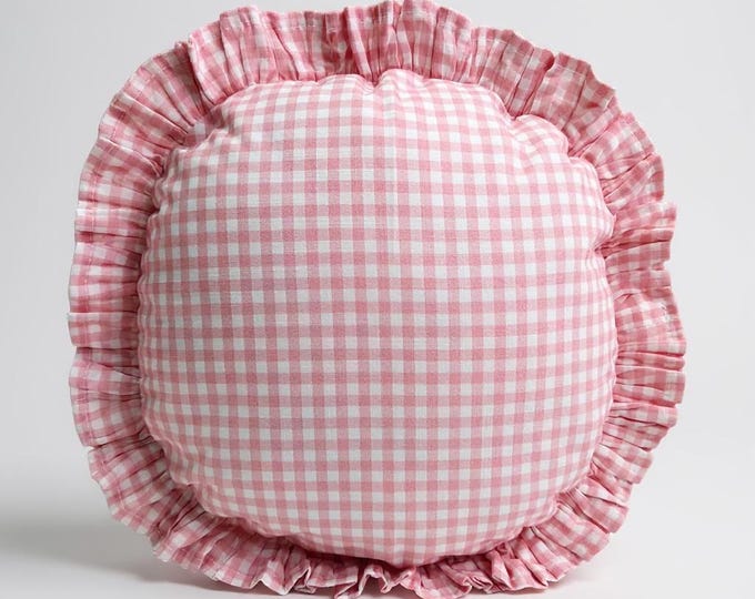 Frill Linen Gingham Pillow Cover - Circle Pillow - Different Color Options With Frill Edges - Hello Mello Store