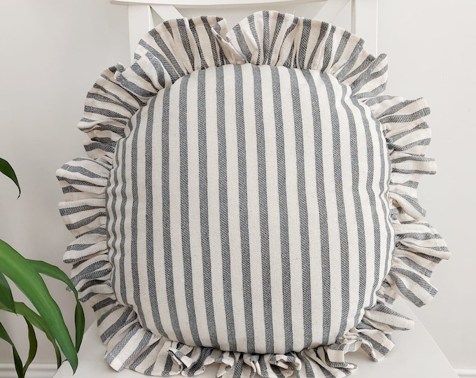 Bohemian Frill Linen Striped Pillow Cover - Circle Pillow - Different Color Options With Frill Edges - Hello Mello Store