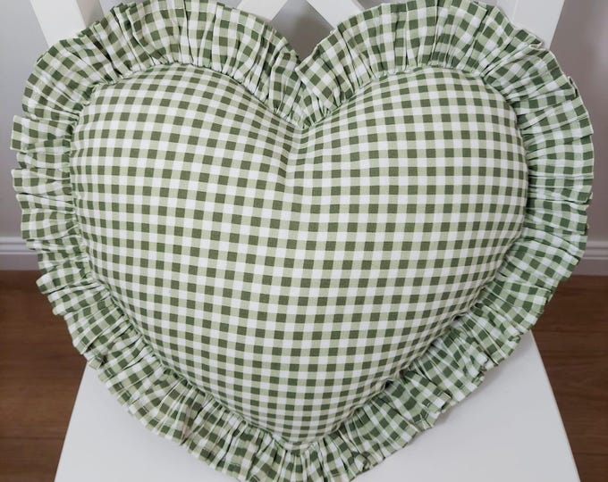 Bohemian Frill Linen Gingham Pillow Cover - Gingham Heart Pillow - Heart Pillow - Color Options With Frill Edges - Gingham Pillow