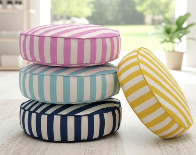 Striped Round Cushion with Piping – Colorful Floor Pillow for Home Decor - 4" Thick - Durable Indoor/Outdoor Striped Round Cushion