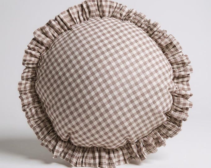 Frill Linen Gingham Pillow Cover - Circle Pillow - Different Color Options With Frill Edges - Hello Mello Store