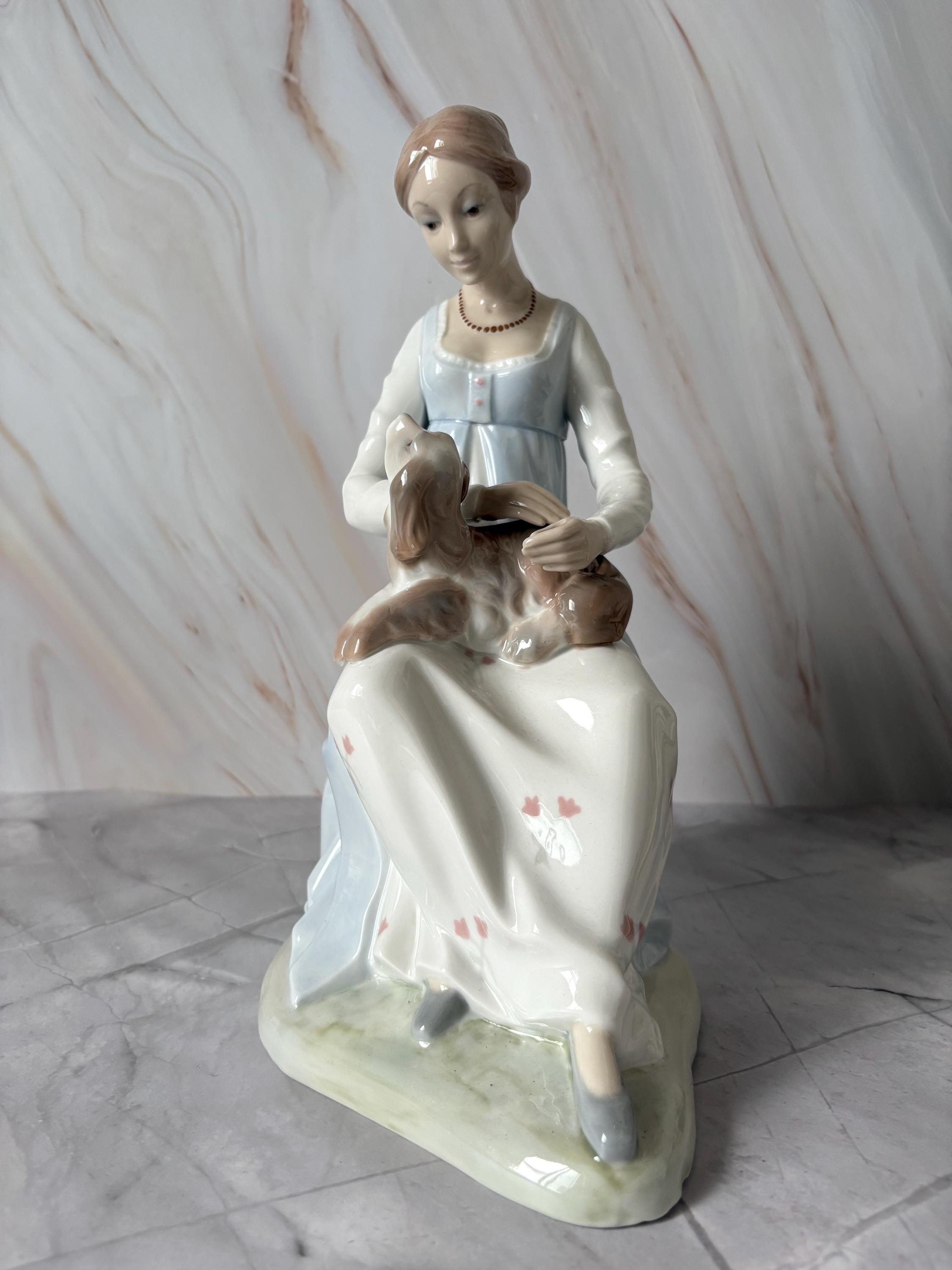 Vintage Zaphir Porcelain Figurine, Woman With Dog, Spanish Decor