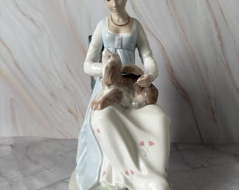 Vintage Zaphir Porcelain Figurine, Woman with Dog, Spanish Decor