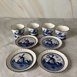 Set di portauova e piattini per burro Delft Blue - Ceramica Delft vintage dipinta a mano Elesva Holland