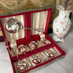 Vintage Silver Plated Dessert Spoon Set by F. Cobb & Co – 6 Dessert Spoons + 1 Serving Spoon – EPNS – Original Gift Box Excellent Condition