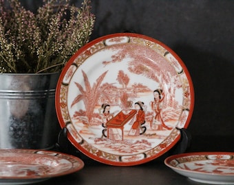 Platos de porcelana estilo Kutani japonés vintage: Juego de terracota pintado a mano