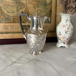 Antique Art Nouveau Silver Plated Coffee Pot, Atkin Brothers, EPNS, Floral Embossed Teapot, Edwardian English Silver Jug, Circa 1900
