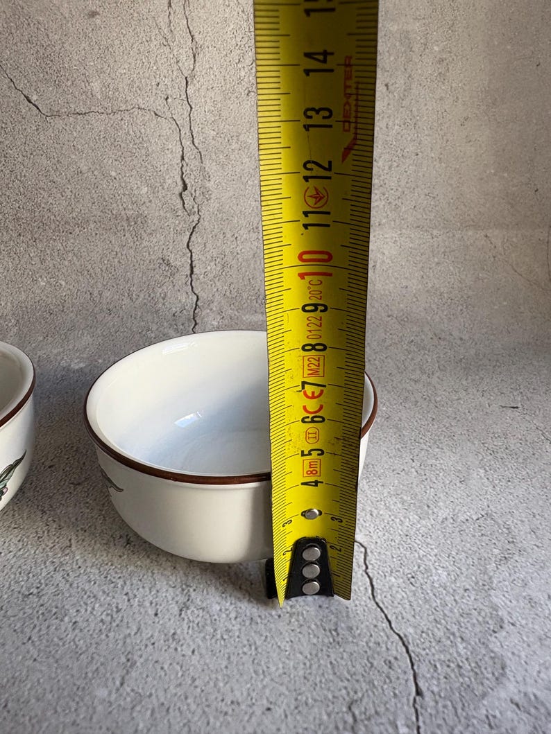 Peut inclure: Un bol en c&eacute;ramique blanc avec un bord marron, d'environ 10 cm de diam&egrave;tre. Un m&egrave;tre ruban jaune est positionn&eacute; &agrave; c&ocirc;t&eacute; du bol, indiquant la mesure en centim&egrave;tres. Le bol a un design simple et &eacute;pur&eacute;.