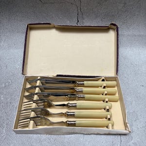 May include: A vintage silverware set in a cardboard box. The set includes knives and forks with cream-colored handles and silver-toned metal accents. The box is open, revealing the neatly arranged utensils.