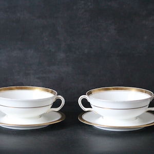Antique Hammersley Bone China Soup Bowls: Greek Key Design, Pair