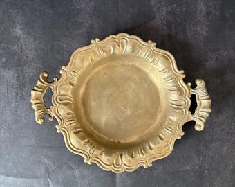 Vintage Ornate Brass Serving Dish with Handles – Decorative Metal Tray – Rococo Style Bowl – Antique Home Decor