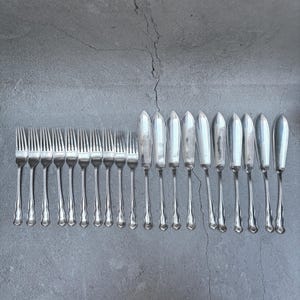 Puede incluir: Una colección de cubiertos de plata antiguos, que incluye tenedores y cuchillos de mantequilla, dispuestos sobre una superficie gris. La cubertería tiene un acabado brillante y reflectante, con detalles ornamentados en los mangos. Los tenedores y cuchillos están cuidadosamente alineados.