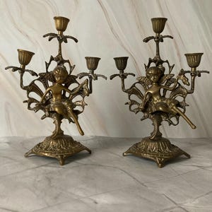 Pair of Antique Brass Cherub Candelabras - Vintage European Candle Holders for Elegant Home Decor