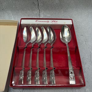 Pode incluir: Um conjunto de seis colheres de prata numa caixa vermelha. As colheres têm cabos ornamentados e estão dispostas em fila. A caixa tem a inscrição "Community Plate".
