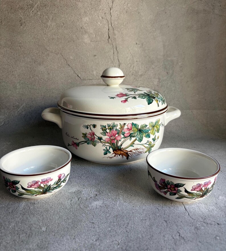 Peut inclure: Un plat de service en c&eacute;ramique cr&egrave;me avec un couvercle et deux bols assortis. L'ensemble pr&eacute;sente un motif floral avec des fleurs roses et vertes et une bordure marron. Le plat de service a deux poign&eacute;es et un bouton rond sur le couvercle.