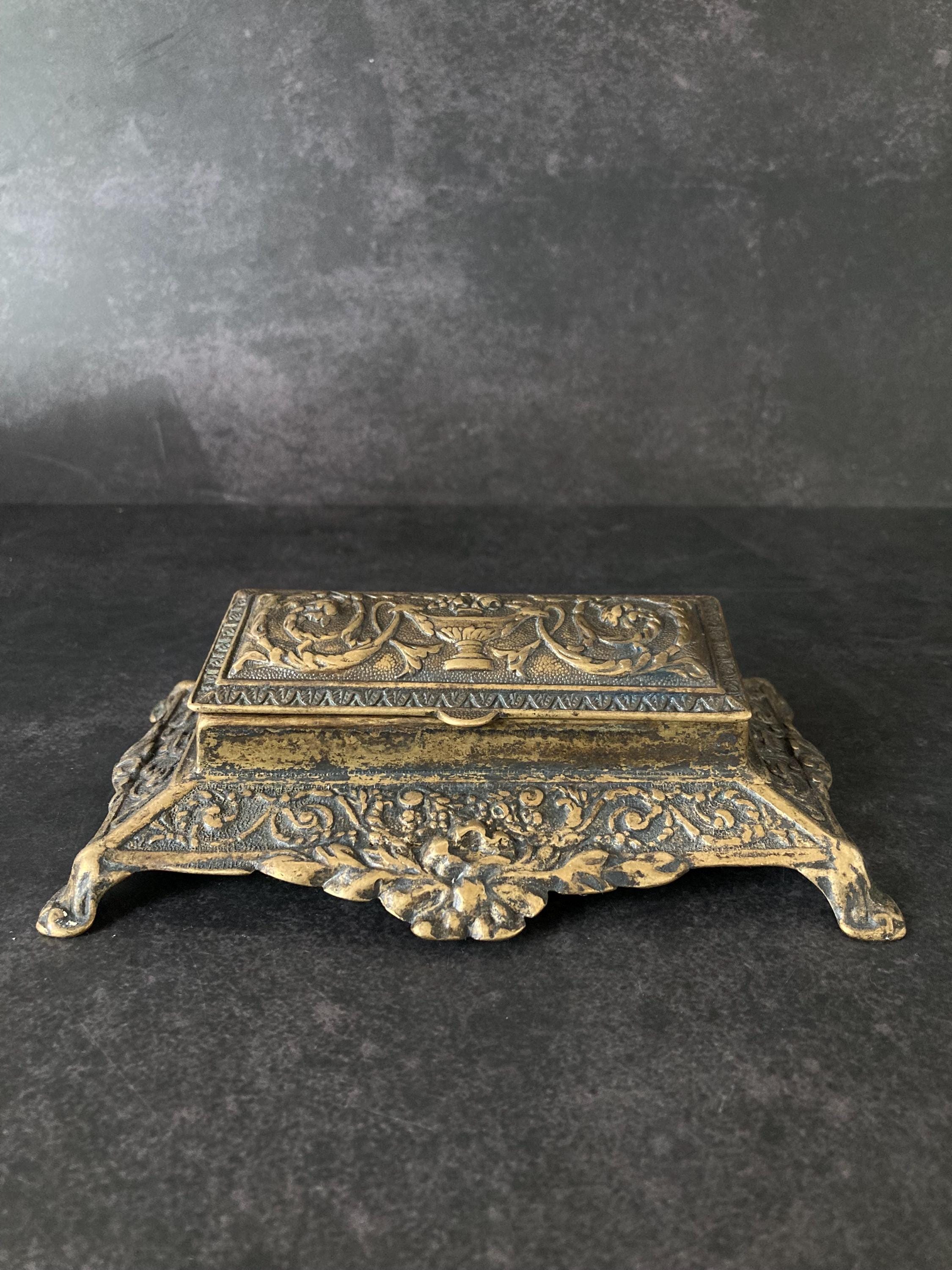 Antique Brass Stamp Box with Ornate Floral Design and Blackened Finish – Vintage Collectible Decor
