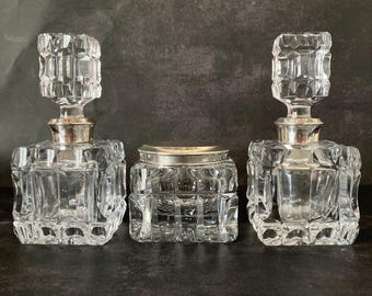 Vintage Crystal & Sterling Silver Vanity Set – Faceted Cut Crystal – 3 Piece Dressing Table Set