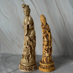 Vintage Chinese Style Figurines – Lacquered Woman and Man Statues –  Resin Plaster Pair – Asian Decor – Oriental Art Collectibles