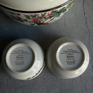 Peut inclure: Ensemble de bols en porcelaine blanche avec un motif floral, portant l'inscription "Botanica" et "Lave-vaisselle". Les bols sont de Villeroy & Boch, fond&eacute;e en 1748. Ils font partie d'un service de table.