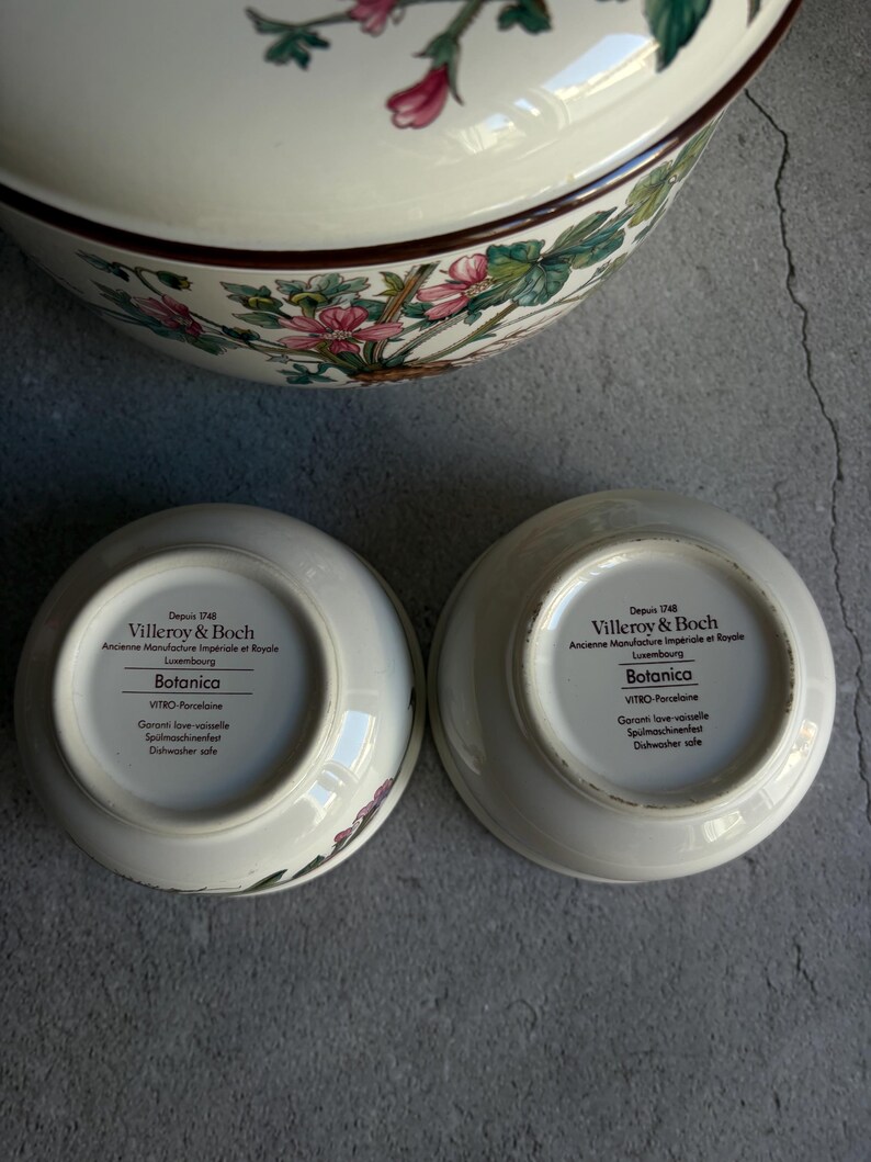 Peut inclure: Ensemble de bols en porcelaine blanche avec un motif floral, portant l'inscription "Botanica" et "Lave-vaisselle". Les bols sont de Villeroy & Boch, fond&eacute;e en 1748. Ils font partie d'un service de table.