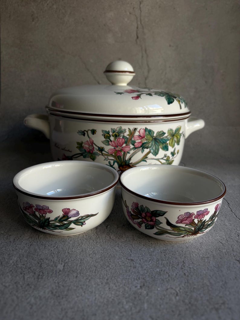 Peut inclure: Un plat de service en c&eacute;ramique blanche avec un couvercle et deux bols assortis. L'ensemble pr&eacute;sente un motif floral avec des fleurs et des feuilles roses et vertes. Les bords sont bord&eacute;s d'une bordure marron fonc&eacute;. Le plat de service a deux poign&eacute;es.