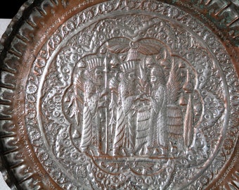 Antique Copper Tray with Silver Overlay – Middle Eastern Decorative Art, Ancient Mythology Inspired Relief