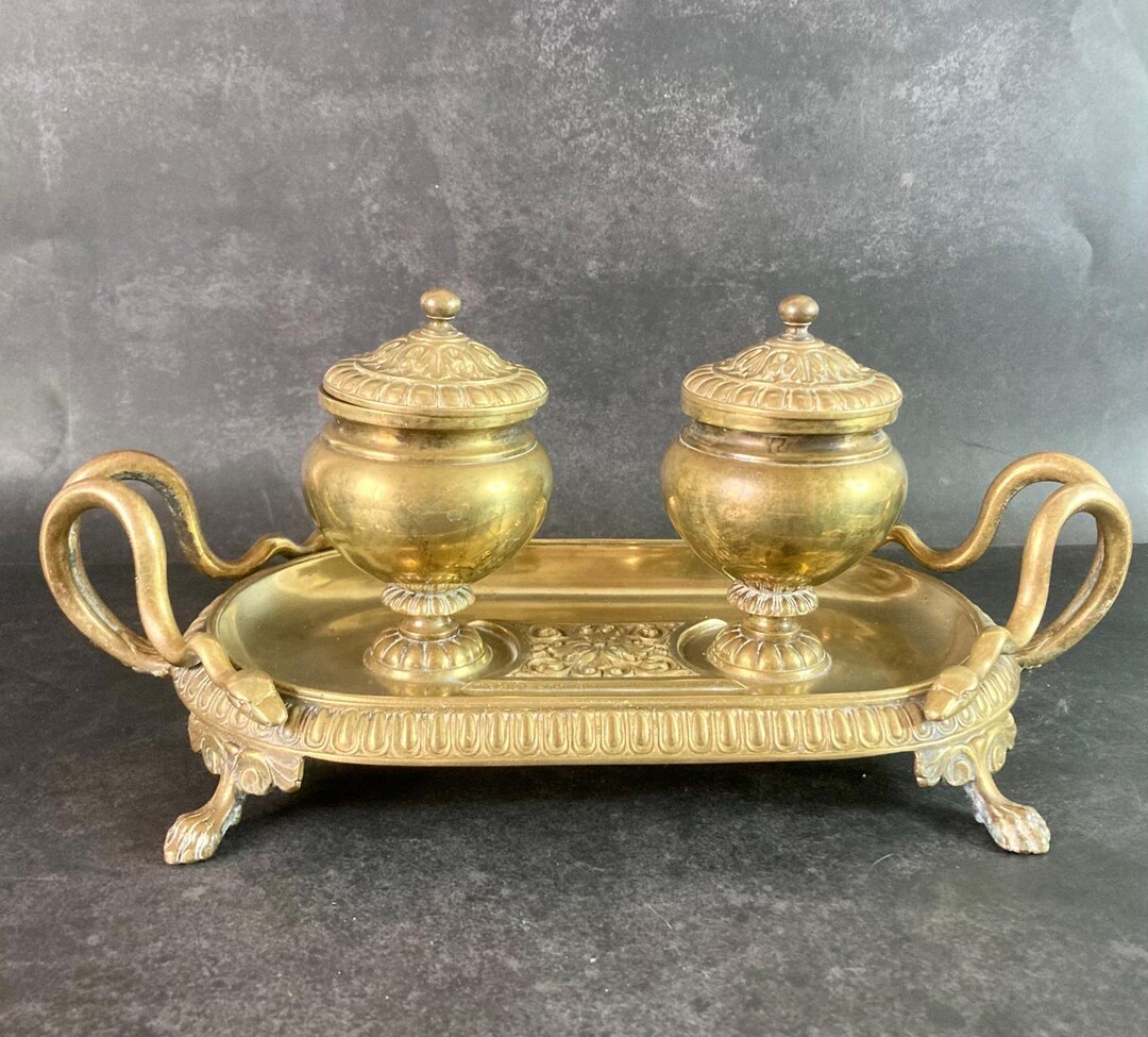 真鍮製インク壺セット（トレイ付き） - アンティーク、ビクトリア朝