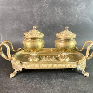 Antique Brass Inkwell Set with Tray – Victorian Era, Ornate Design, Collectible Desk Accessory