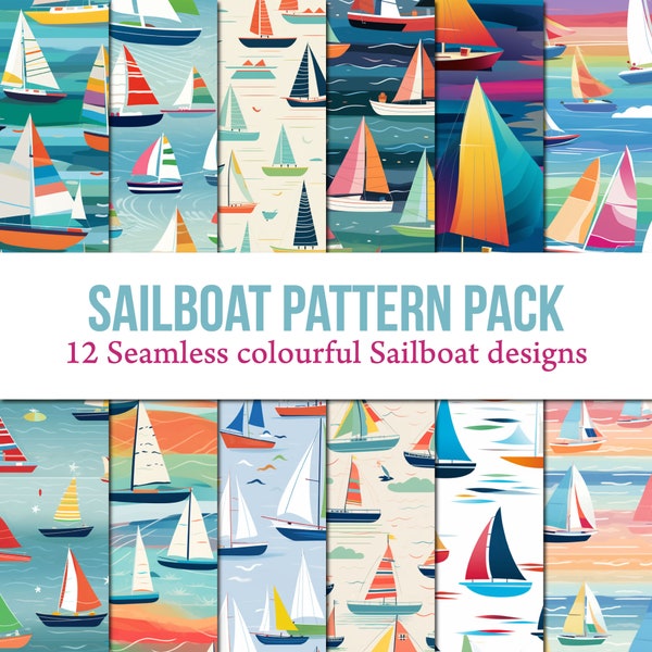 Colourful Sailboat Patterns - 12 Seamless Sailboat patterns 300 DPI - Commercial Use - Sublimation