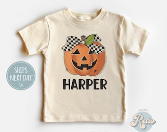Girls Pumpkin Halloween Shirt - Retro Girls Name Toddler Shirt - Cute Fall Girls Tee - Personalized Girls Fall Shirt