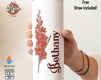 Personalized Skinny Tumbler with Straw - Personalized Birth Flower Coffee Cup With Name - Retro Party Favor - Bridesmaid Proposal