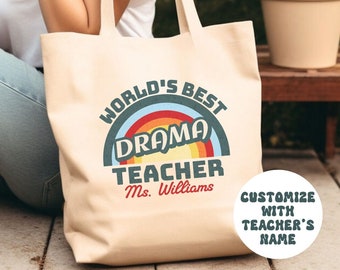 Personalized Retro Drama Teacher Appreciation Canvas Bag, Custom Name Rainbow Theater Instructor Tote Bag, Acting Coach Gift from Student
