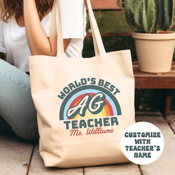 Personalized Retro Ag Teacher Canvas Bag, Custom Name Rainbow Tote Bag, Agriculture Teacher Appreciation Gift, Student Present for Teacher