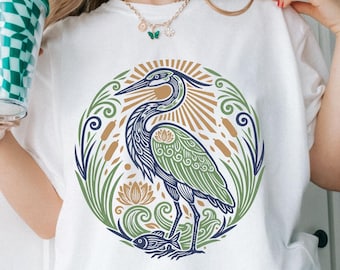 Blue Heron Tshirt Bird Nerd Linocut Shirt Great Heron Youth Girls Long Sleeve Bird Watching Graphic Tee Wildlife Tank Top Birdwatchers Gift