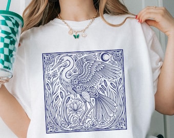 Blue Heron Tshirt Bird Nerd Linocut Shirt Great Heron Youth Girls Long Sleeve Bird Watching Graphic Tee Wildlife Tank Top Birdwatchers Gift