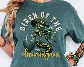 St Patricks Day Mermaid Skeleton T-Shirt Shenanigans Shirt Coastal Shamrock Tee Irish Siren TShirt St Paddys Day Mermaidcore Clothing